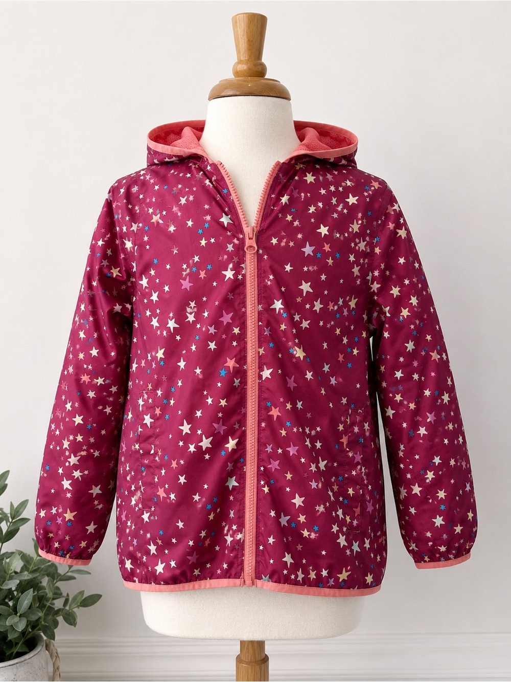 Lands’ End Girls Star Print Hooded Windbreaker Jacket Pink/Magenta Size M 8 ✨
